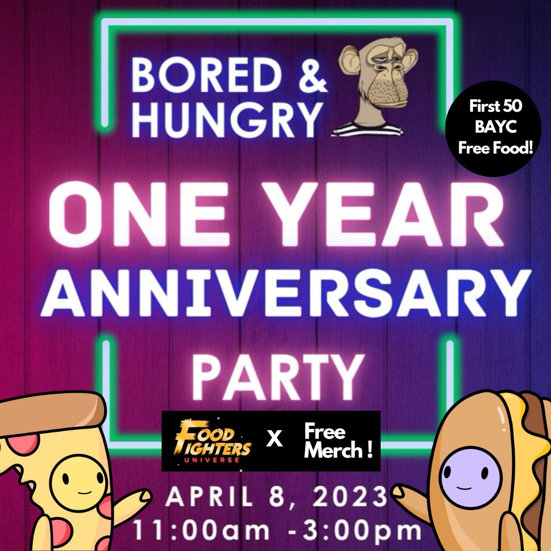 Food Fighters Universe (@foodfightersu) on Twitter photo This weekend is our 1 Year Anniversary!
First 50 <a href="/BoredApeYC/">Bored Ape Yacht Club 🍌</a> #BAYC #MAYC holders will receive a free meal. 50% for the rest of the Apes all day! <a href="/FoodFightersU/">Food Fighters Universe</a> holders will receive a free merch! Along with other surprises! This weekend is our 1 Year Anniversary!
First 50 <a href="/BoredApeYC/">Bored Ape Yacht Club 🍌</a> #BAYC #MAYC holders will receive a free meal. 50% for the rest of the Apes all day! <a href="/FoodFightersU/">Food Fighters Universe</a> holders will receive a free merch! Along with other surprises!