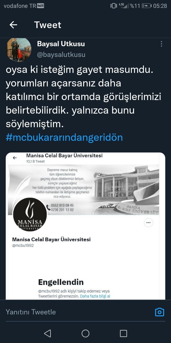 Konuşan, hakkını arayan insanı engellemek nedir? Bu tutumunuzla hiç bir yere varamazsınız. DERHAL KARARDAN GERİ DÖNÜLMELİDİR. ÖĞRENCİLERİN YANINDA DURUN!
#Mcbukararındangeridön
#Mcbusesimiziduy
<a href="/mcbu1992/">Manisa Celal Bayar Üniversitesi</a> <a href="/canbula/">Bora Canbula</a> <a href="/erolozvar/">Erol Özvar</a> <a href="/YuksekogretimK/">Yükseköğretim Kurulu</a> <a href="/yunus_arinci/">Dr. Yunus ARINCI 🇹🇷</a> <a href="/fehmi1st/">Doç.Dr. Fehmi Bardak</a>