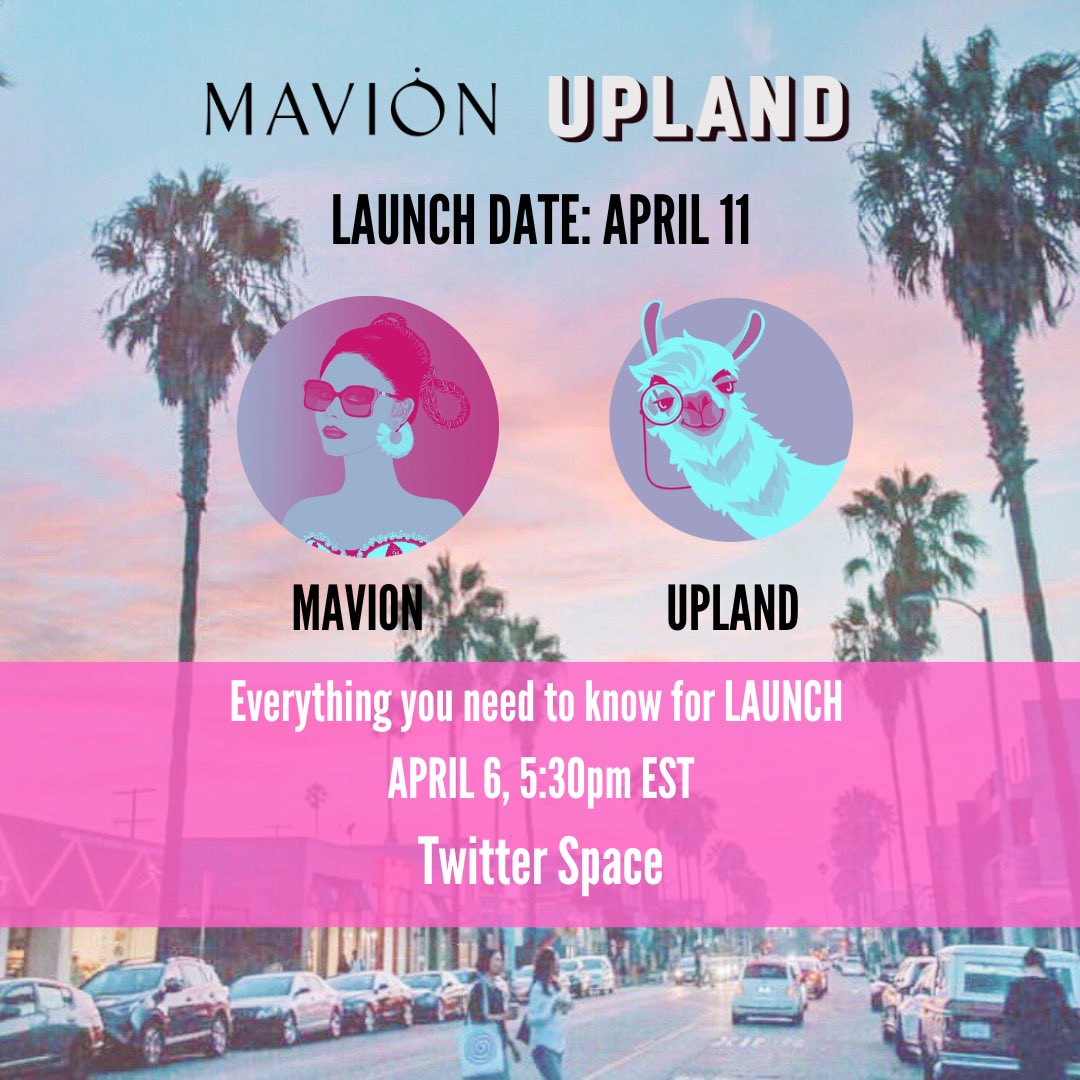 The countdown starts soon!

Get ready for launch day when MAVION takes over Abbot Kinney Blvd <a href="/UplandMe/">Upland</a>

Final details and instructions on how you can join the fun and own your own virtual piece of this iconic neighborhood in Venice, CA ☀️ 🌴 

 x.com/i/spaces/1LyGB…
