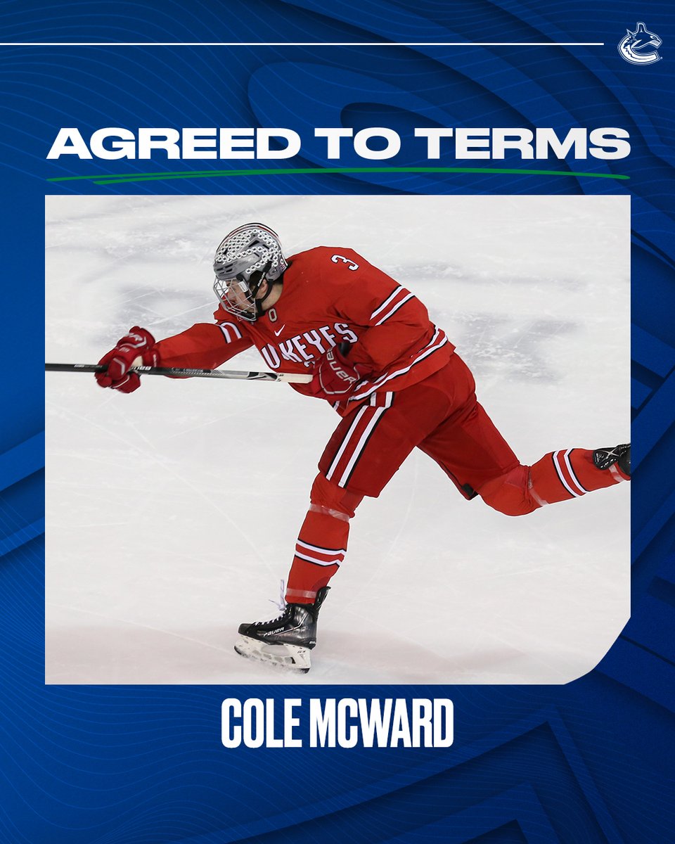 Canucks's tweet photo. General Manager Patrik Allvin announced today that the club has agreed to terms with defenceman Cole McWard on a two-year, entry-level contract. https://t.co/ndWSP9x9Kk