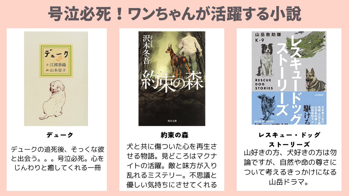 推理系、感動系。ワンコが好きでもキライでも一つの作品として、大変読みごたえのある3選です。
ワクワク、ドキドキ、そして涙。心の栄養になること間違いナシ！