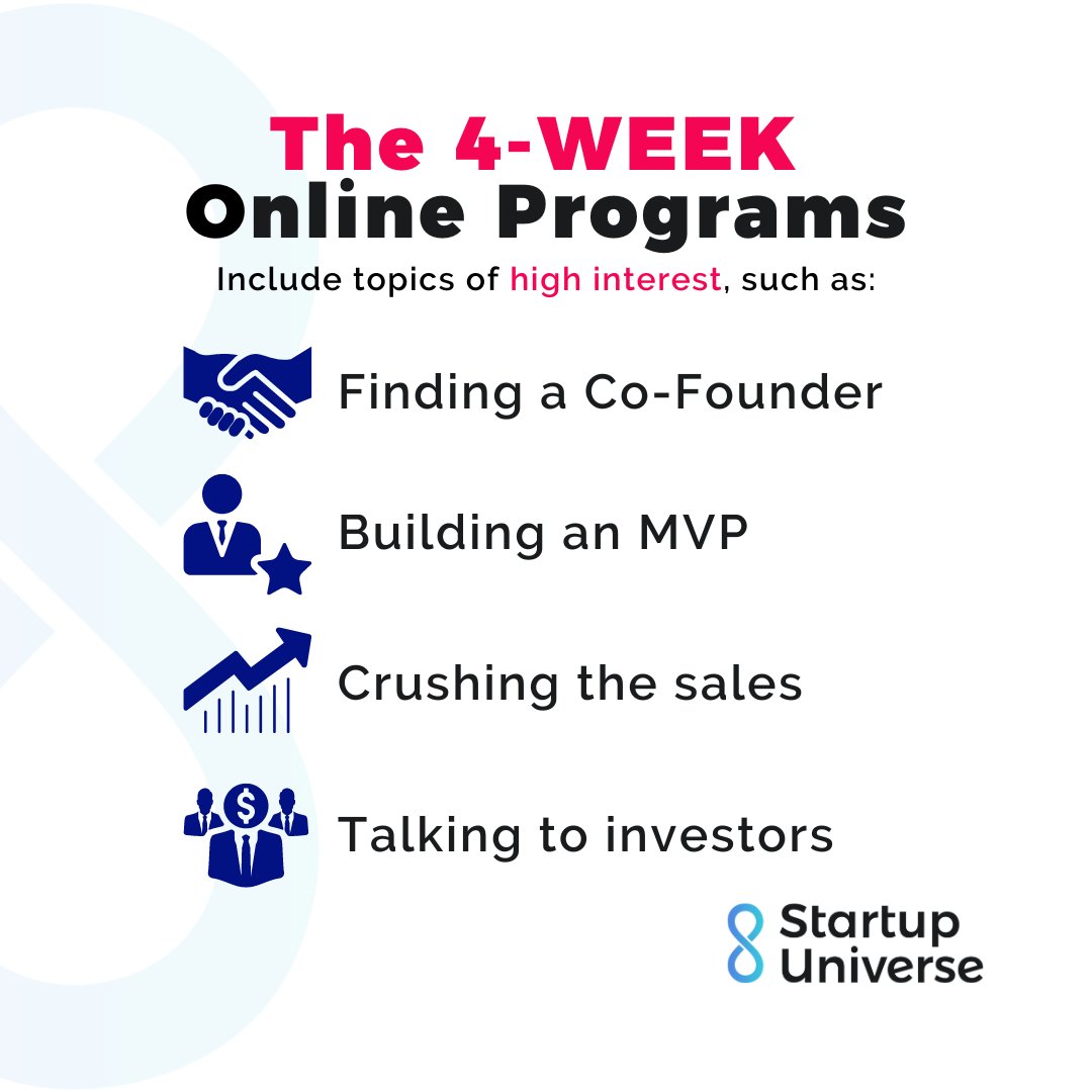 startupunivers's tweet image. During the 4-week online programs, the educational content, presented to the participating founders includes topics of high interest, such as:
finding a co-founder
building an MVP 
crushing the sales 
talking to investors
#startupuniverse #nationalprograms #pillars