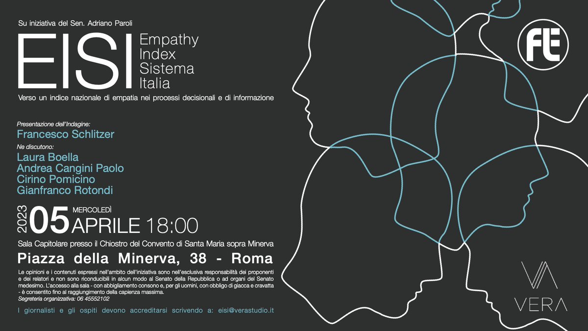 Vi aspettiamo oggi alla presentazione dell'indagine EISI, realizzata con <a href="/verastudio_it/">VERA Studio</a> su iniziativa di
<a href="/adrianoparoli/">Adriano Paroli</a> 
⏰18:00
📍 Sala Capitolare del Chiostro del Convento di Santa Maria sopra Minerva 
Con @FraSchlitzer <a href="/andrea_cangini/">Andrea Cangini</a> <a href="/BoellaLaura/">Laura Boella</a>
<a href="/PCirinoPomicino/">P. Cirino Pomicino</a> <a href="/grotondi/">Gianfranco Rotondi</a>