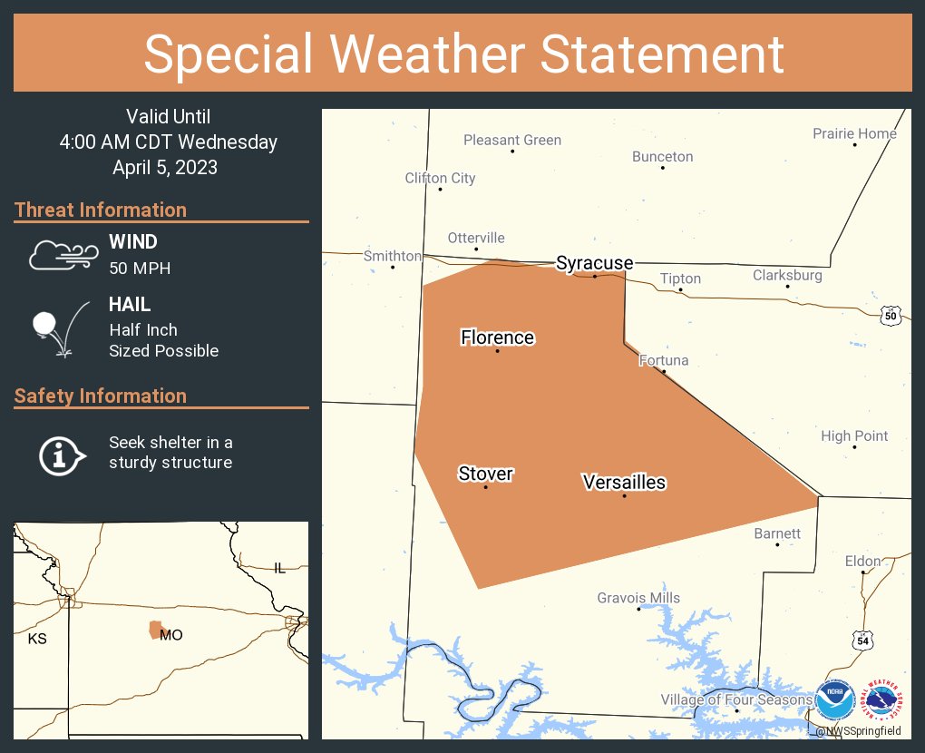 This graphic displays a special weather statement plotted on a map. The statement is in effect until 4:00 AM CDT. The statement includes Versailles MO, Stover MO and Syracuse MO. A strong thunderstorm will impact portions of central Morgan County through 400 AM CDT. The threats associated with this storm are wind gusts up to 50 MPH and half inch sized hail. Seek shelter in a sturdy structure until the storm passes.