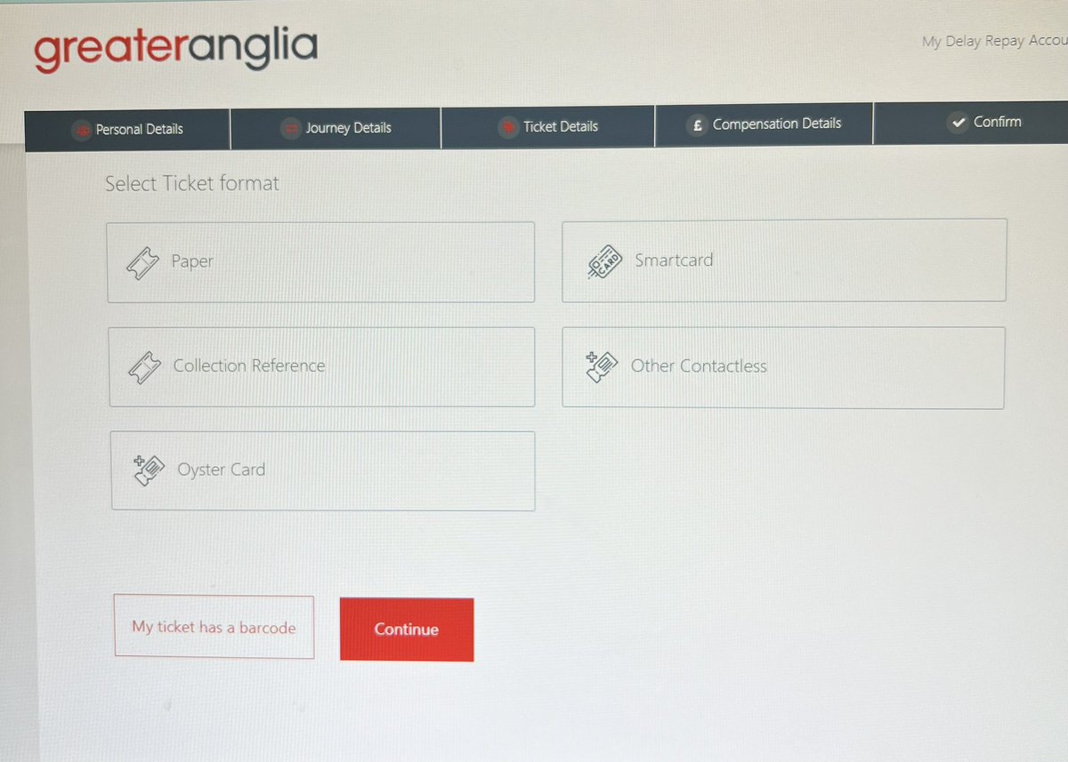 Lizabetha's tweet photo. @greateranglia which of the options in the photo do I select for delay repay if I travelled on a ticket bought on a e-ticket bought via the trainline? (Ie. I don’t have a collection ref, nor access to a barcode now-just a receipt) https://t.co/YJWO5UEwHO