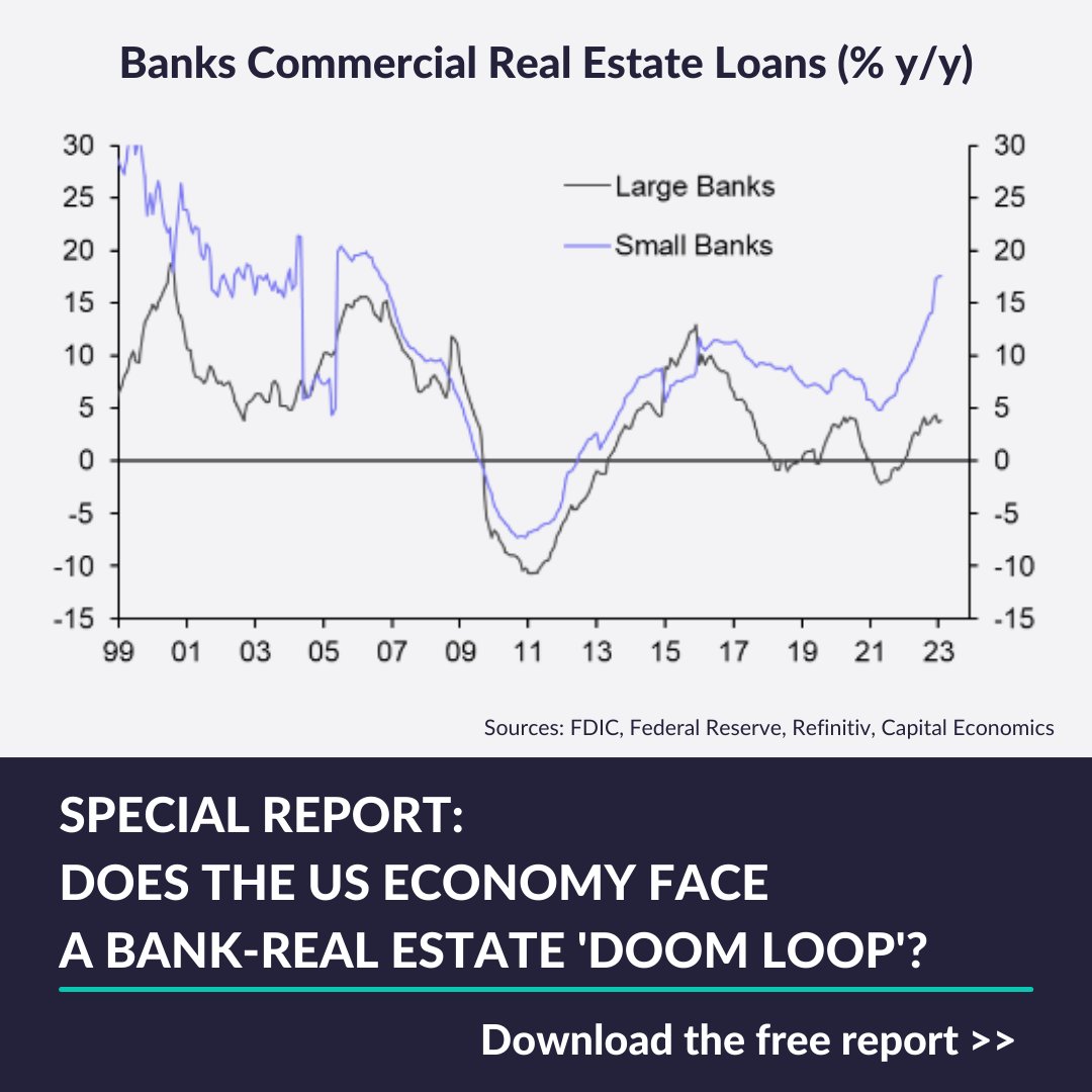 CapEconomics's tweet photo. The growth of small bank lending to commercial real estate has dramatically exceeded that of their larger rivals. What are the economic risks now that these banks are struggling to contain deposit flight? https://t.co/iTBIWWczmB
#USproperty #USbanking https://t.co/PvcjDFughF