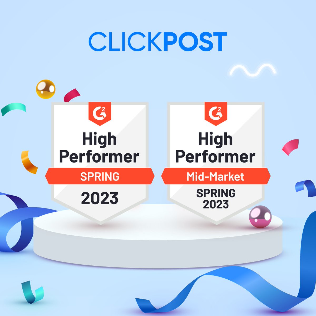 ClickPostTech's tweet photo. ClickPost is honoured to have won the Spring 23 high performer award issued by G2 - for the mid-market segment. We will continue to challenge logistics tech possibilities, offer exceptional client support, embrace customizations, and enable brands to exceed customer expectations. https://t.co/51jvoYM1AL