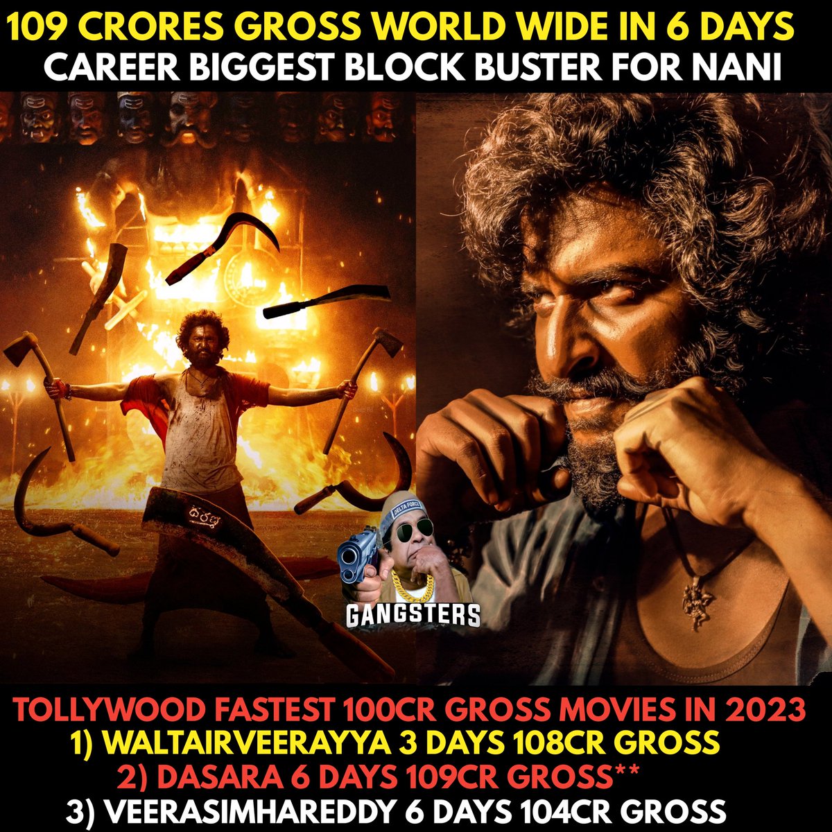 GANGSTERS_1's tweet photo. @NameisNani Mass Rampage 💥🔥
#Dasara #DasaRAW #WaltairVeerayya 
#VeeraSimhaReddy #NBK108 #BhoolaShankar #Dasaracollection https://t.co/MYsQjFLFDK