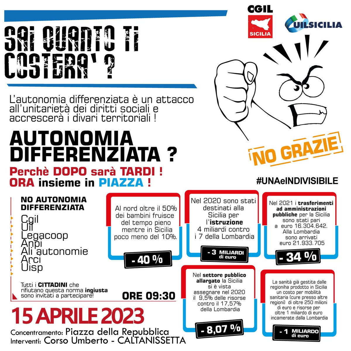 #Sicilia Sabato 15 aprile a Caltanissetta manifestazione regionale contro #autonomiadifferenziata. A organizzarla #CgilUilSicilia, Legacoop, Anpi, Ali Autonomie, Arci, Uisp. Il concentramento in piazza della Repubblica alle 9.30, poi il corteo. In Corso Umberto gli interventi
