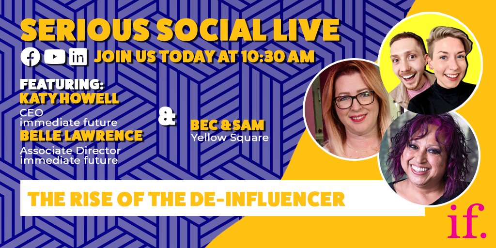 It's time! ⏰  

Join @katyhowell &amp; <a href="/bellelawrenceIF/">Belle Lawrence</a> TODAY at 10:30 am for a chat with the amazing writer/performer duo, Bec and Sam, aka Yellow Square and discuss how "de-influencing" is changing the #influencermarketing game 👉🏻   bit.ly/3zxPSWp 
#deinfluencer