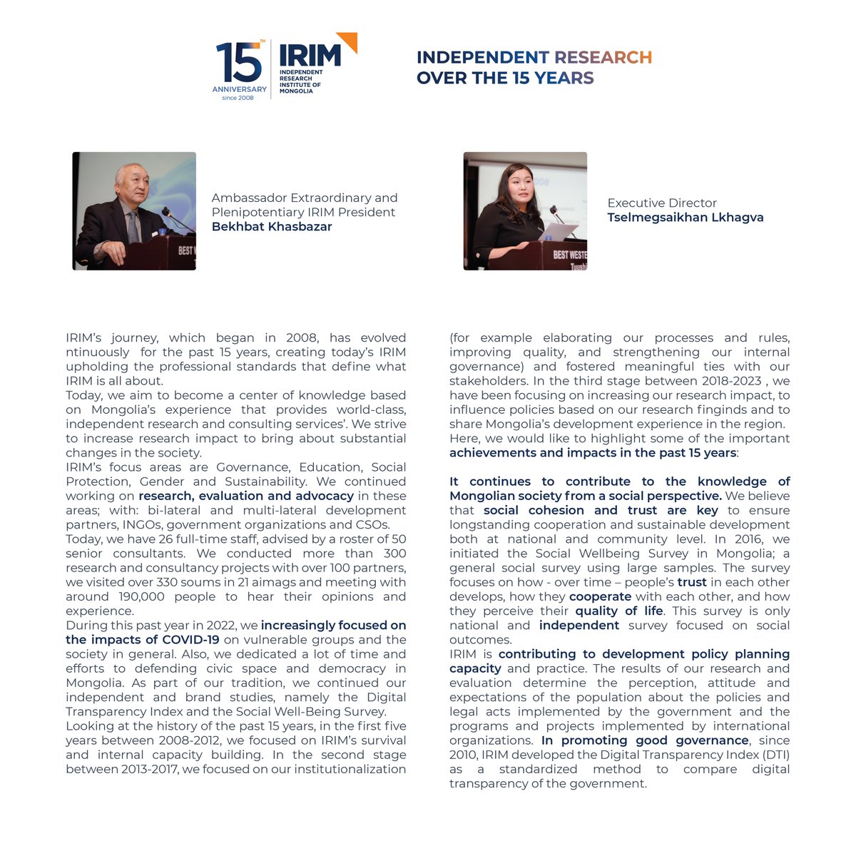 irim_mongolia's tweet photo. INDEPENDENT RESEARCH IN MONGOLIA OVER THE 15 YEARS 
We are delivering the annual celebration message from our President and Executive Director for the 15th anniversary of IRIM. 

#IndependentResearch https://t.co/9X917FJOfS