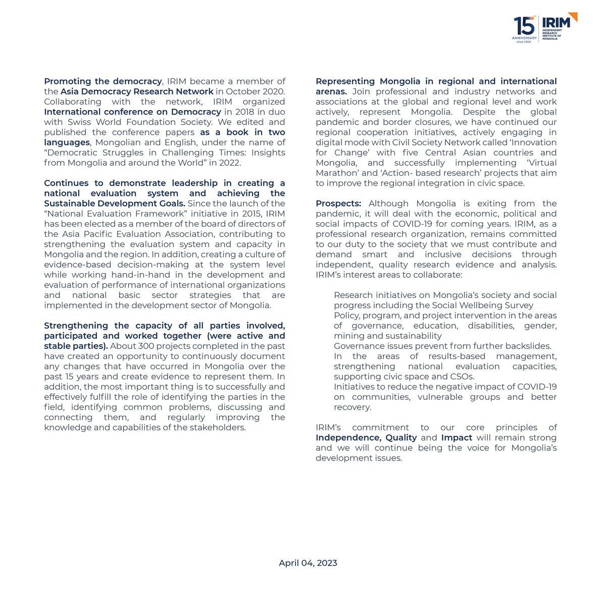 irim_mongolia's tweet photo. INDEPENDENT RESEARCH IN MONGOLIA OVER THE 15 YEARS 
We are delivering the annual celebration message from our President and Executive Director for the 15th anniversary of IRIM. 

#IndependentResearch https://t.co/9X917FJOfS