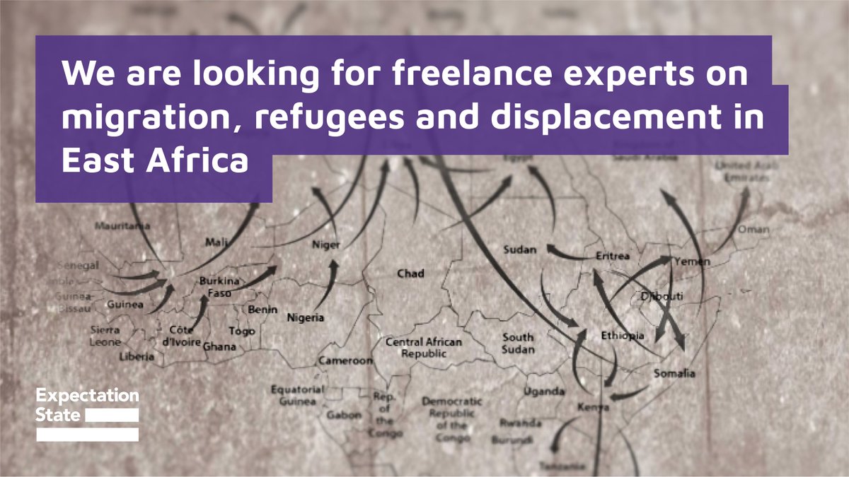 Expectation State (@exp_state) on Twitter photo If you are a freelance expert or consultant, with a track record of working on issues related to migration, refugees and displacement in East Africa, we would love to hear from you, for a range of upcoming projects.
Please send your CV to recruitment@expectationstate.com If you are a freelance expert or consultant, with a track record of working on issues related to migration, refugees and displacement in East Africa, we would love to hear from you, for a range of upcoming projects.
Please send your CV to recruitment@expectationstate.com