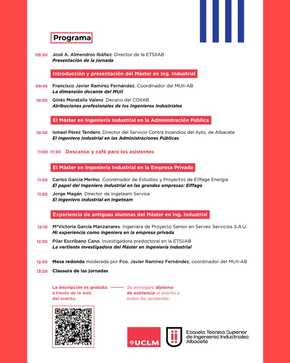 ¡El próximo 13 de marzo, en el aula 1.12, se celebra la V Jornadas de Ingeniería Industrial: Capacidades y Proyección del Máster Universitario en Ingeniería Industrial! 🙌🏼

👉 Noticia: uclm.es/albacete/indus…
👉 Inscripción: eventos.uclm.es/96889/detail/v…