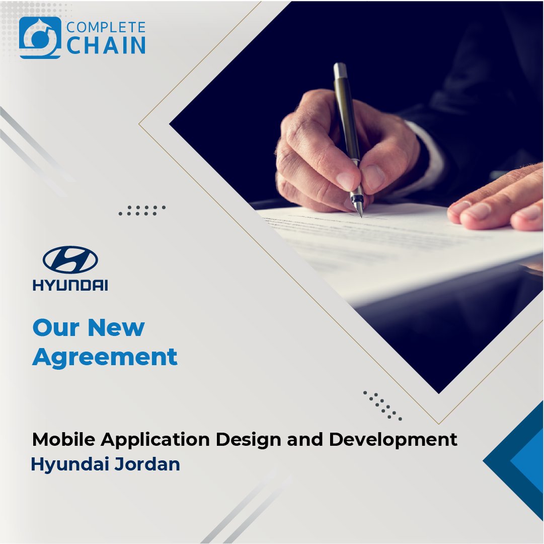 CompleteChain's tweet photo. Complete Chain is very thrilled to announce signing an agreement with Hyundai Jordan to Design and Develop their new Mobile Application which will include several online services with an ecommerce functionality.

#hyundai #CompleteChain #mobileapp https://t.co/82qgK4ymMr