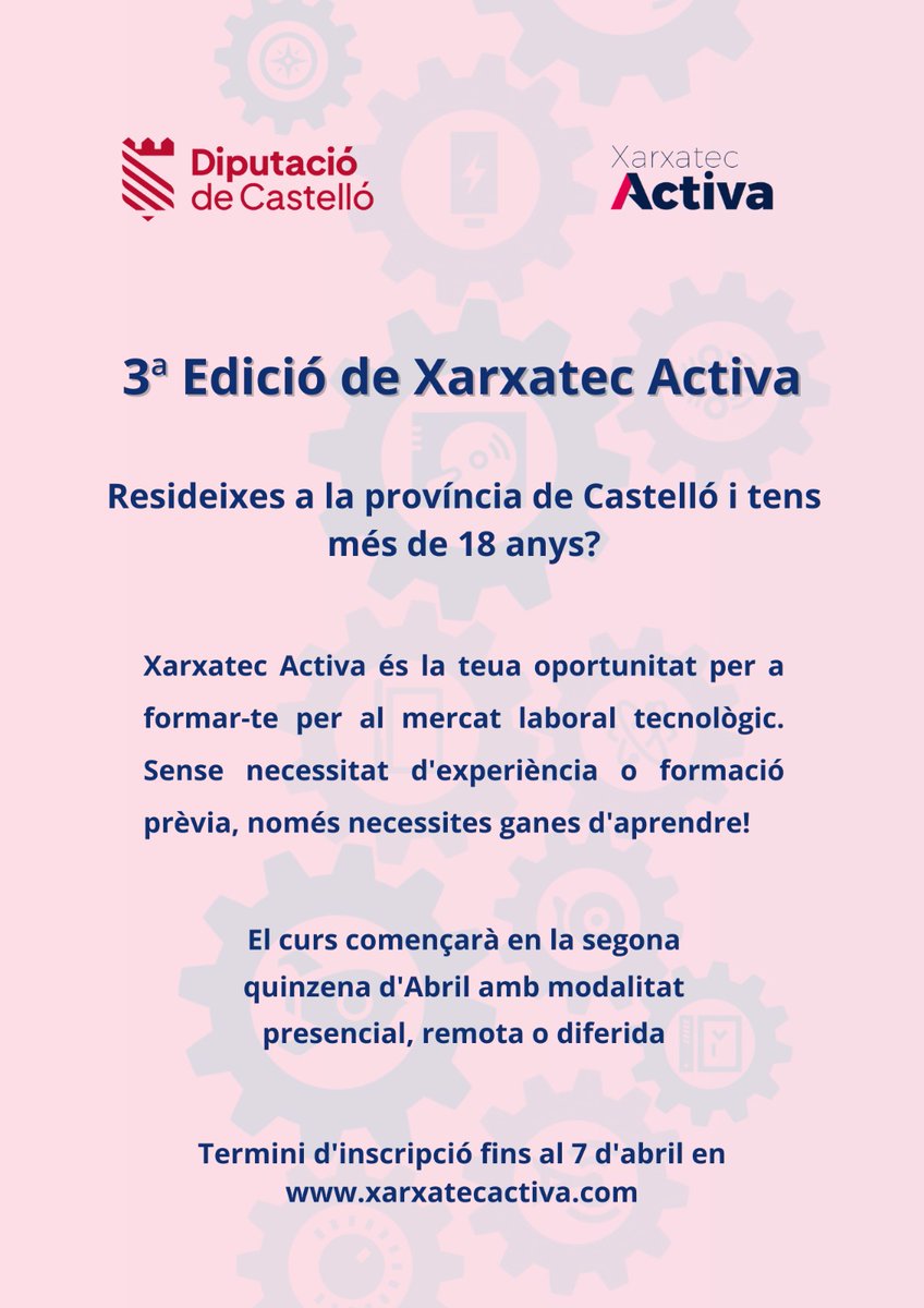 AjTirig's tweet image. 🤔Vols formar-te per al mercat laboral tecnològic?

💡Amb Xarxatec Activa tens l&apos;oportunitat

✅Per a majors de 18 anys

ℹ️Més informació i inscripcions (fins al 7 d&apos;abril) ací: XARXATECACTIVA.COM

#Tirig #Xarxatec