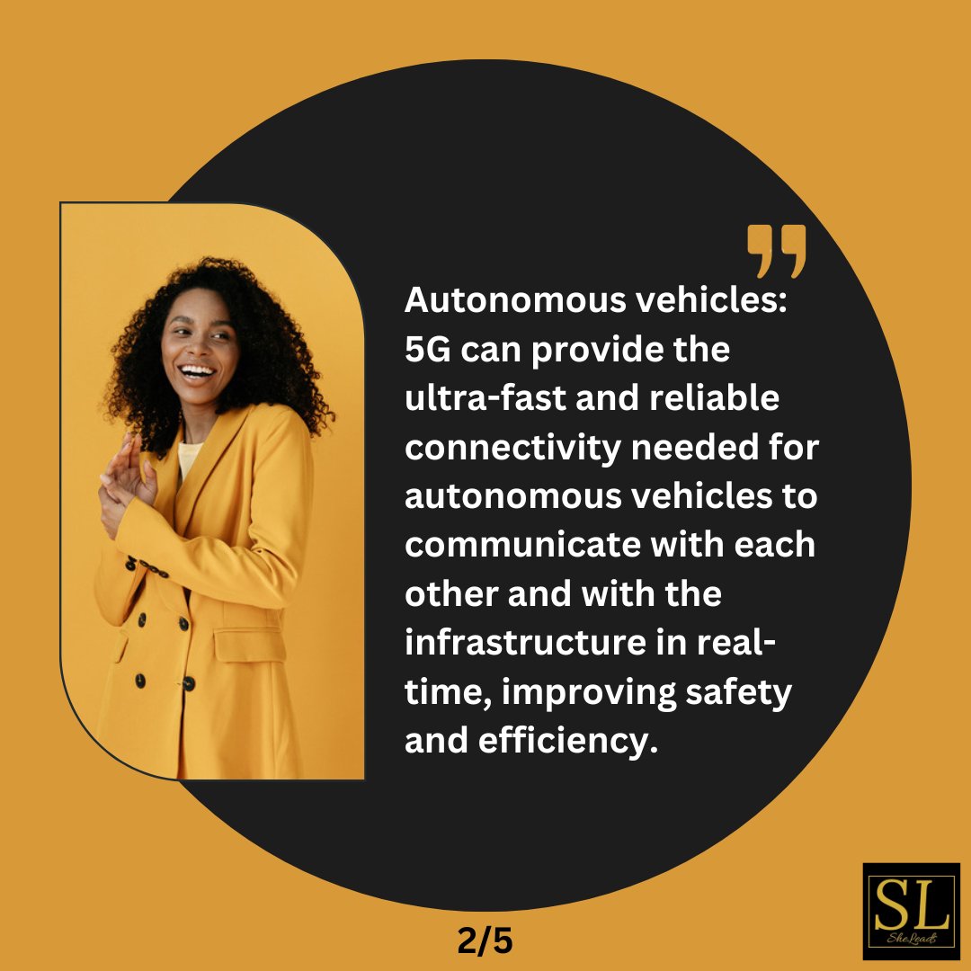 SheleadsInTech's tweet image. The low latency and high reliability of 5G can enable a new era of real-time applications and experiences, from autonomous vehicles and drones to telemedicine and gaming. 

#LowLatency 
#HighReliability 
#RealTimeApplications #AutonomousVehicles 
#Telemedicine
#Sheleadsintech