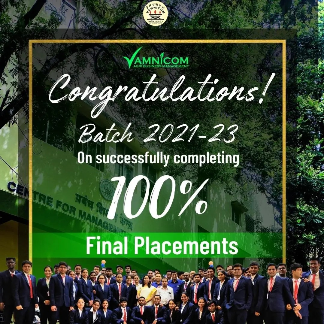 VAMNICOM_Pune's tweet photo. VAMNICOM has maintained the legacy of 100% placement.

The batch of 2021-23 of PGDM-ABM has achieved 100% placement and students are placed in #retail, #FMCG, #Finance, #AgriInput, #Commodities, and #Research &amp; #Consultancy/ #AgriTech sector. https://t.co/NS3WDTuyvf