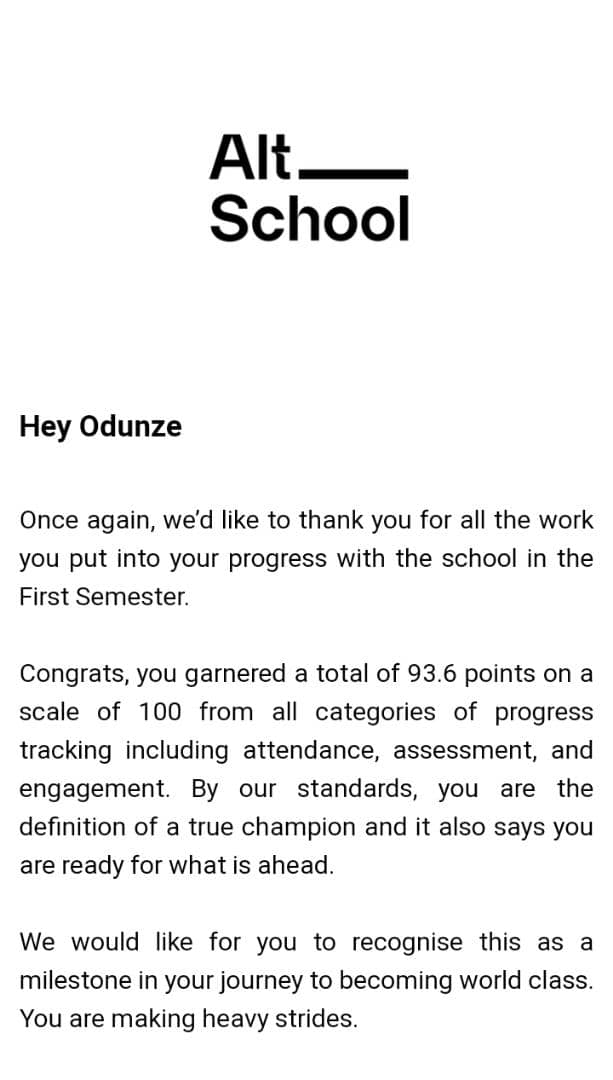 jennydunix's tweet image. Two years later and still learning. 1st slide @aspilosfdn project lead sent me a mail giving me a 100% discount for registration fee and I wrote the assessment. Passed and became an @AltSchoolAfrica student. 2nd, 3rd and 4th slide are the results for my 3 semesters.