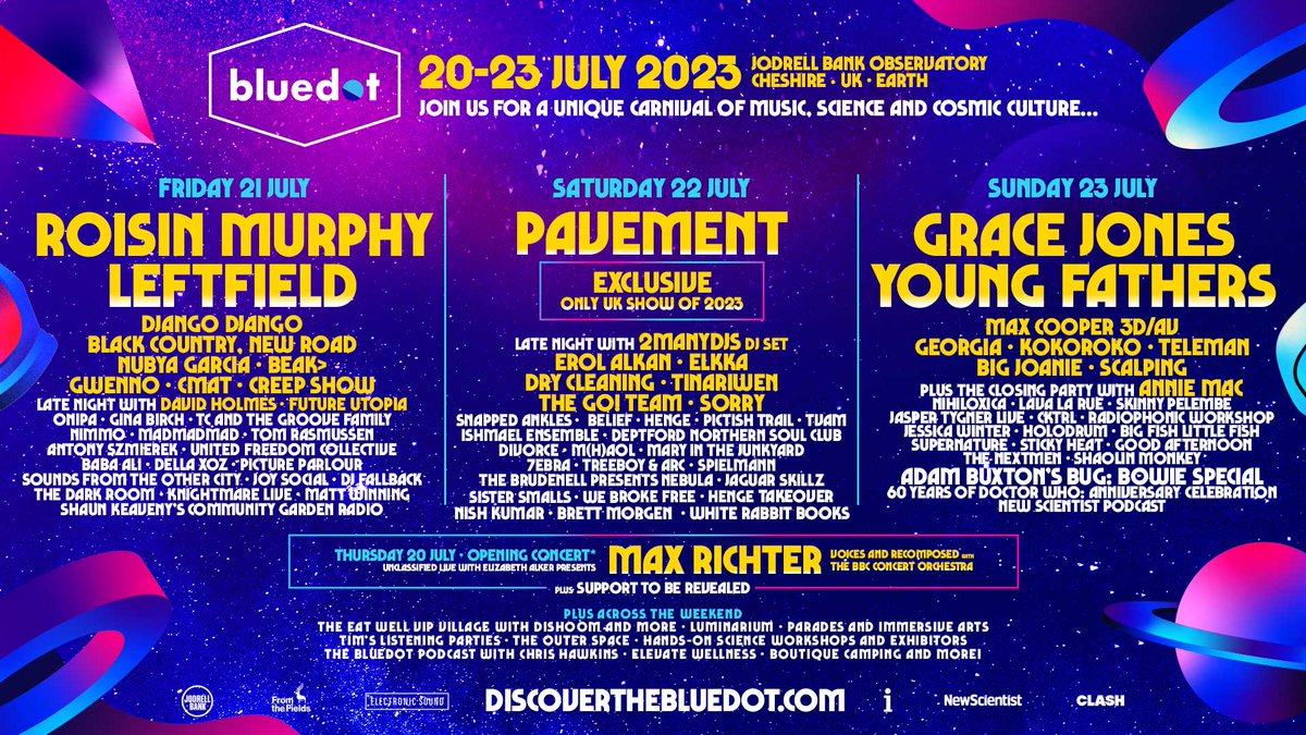 Day and Weekend tickets for bluedot 2023 are on sale now. 

Explore the line-up and join us for a weekend of wonder in Cheshire this July... 

discoverthebluedot.com