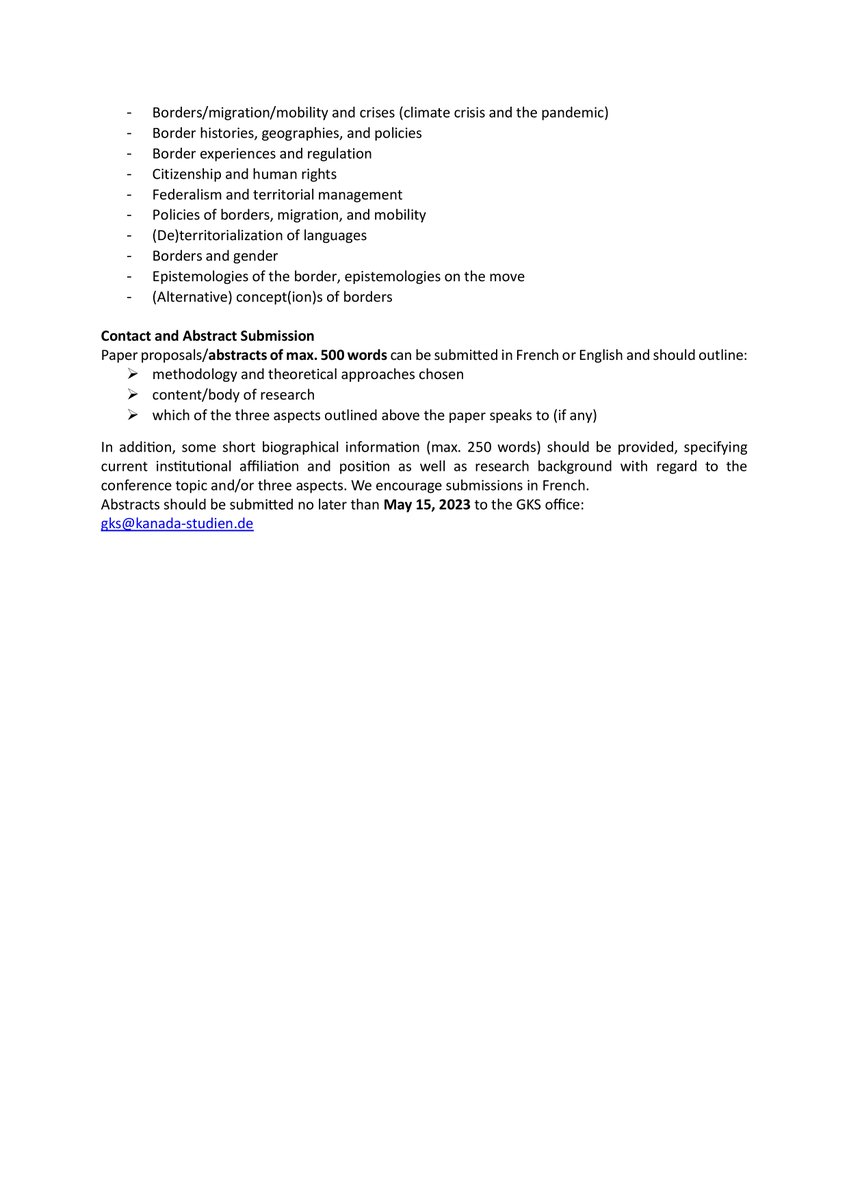 We are very happy to share the #CFP for the next annual conference of <a href="/GKS_CanStudies/">GKS</a> on “Borders – Migration – Mobility,” taking place from February 16 to 18, 2024 in Grainau, Germany. The deadline for propositions is May 15, 2023!