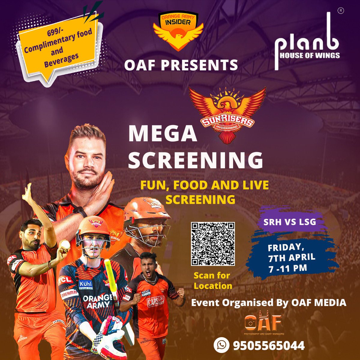 Hey Orange Army! 
OAF Fan Park is back and how? 

Join us for the Mega screening at Plan B , Country Club, Begumpet presented by OAF Media

Fun, Food, Live Screening and a win! 😉 

For reservations
Contact - 9505565044 Neeraj 
.
#OAFfanpark #orangearmy #srhvslsg #livescreening