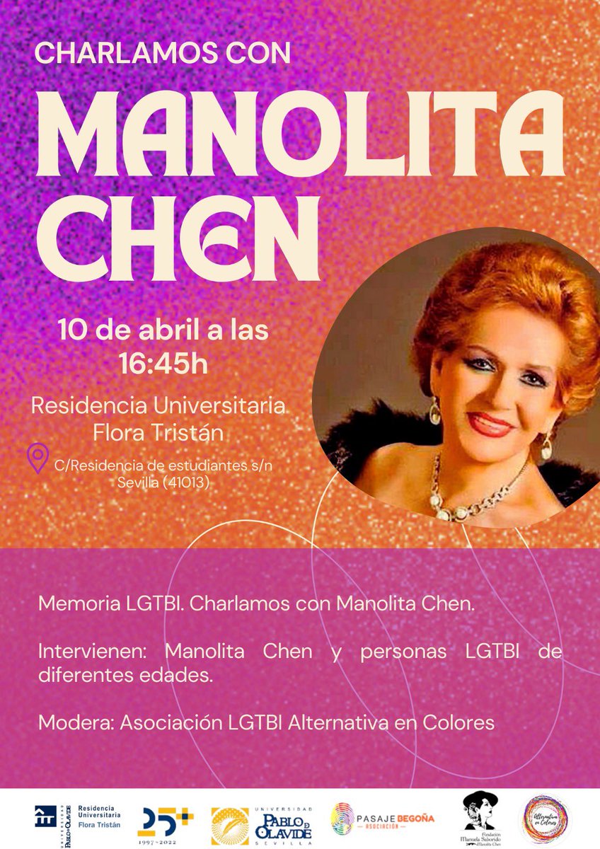 🔴El próximo lunes 10 de abril a las 13 horas inauguramos en la <a href="/ResFloraTristan/">FloraTristán</a> la nueva sede de la Asociación <a href="/PasajeBegona/">Asociación Pasaje Begoña 🏳️‍🌈</a> y de la <a href="/FundacionMChen/">Fundación Manolita Chen</a>, dentro del Espacio de Innovación Social, Cultural y Tecnológica. 
☑️Y a las 16:45 h. , charla con Manolita Chen 'Memoria LGTBI'.