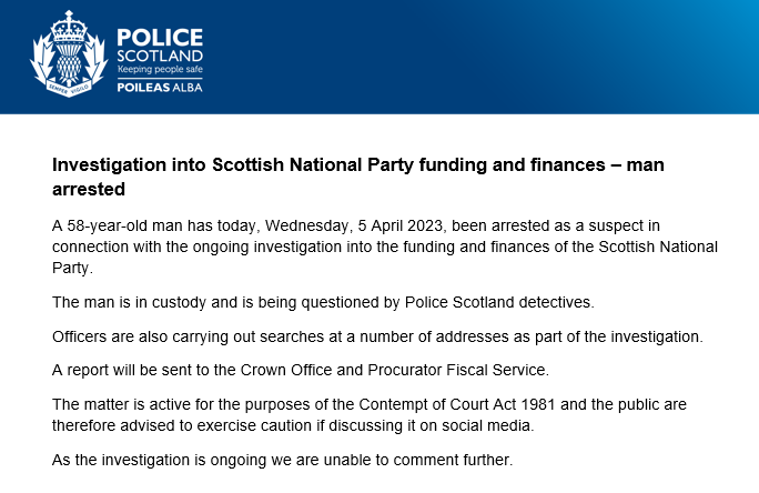 PoliceScotland's tweet photo. Statement on investigation into Scottish National Party funding and finances – man arrested.

More: https://t.co/pkRjeRw965 https://t.co/trzldKh7ZT