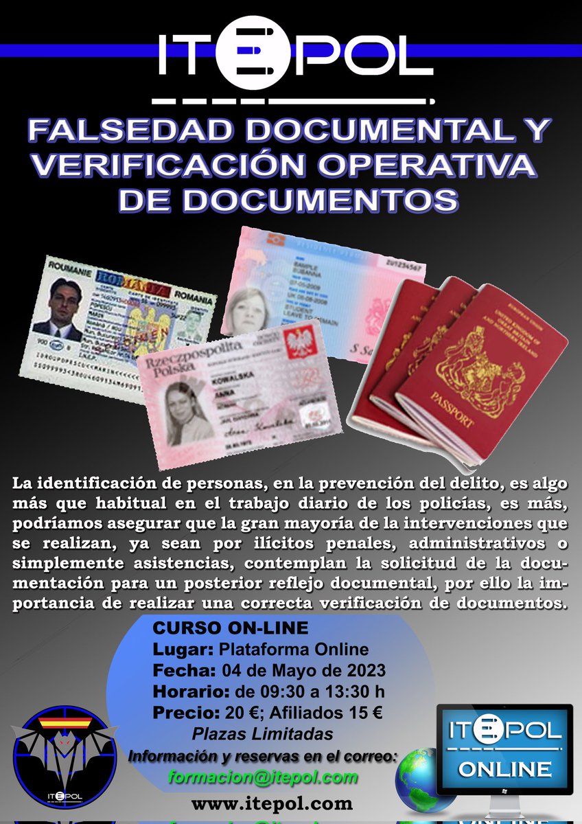 ITEPOL_COM's tweet image. Nos informa el profesor del curso, que creerá un grupo de Telegram o WhatsApp con los asistentes para consultas y retroalimentación de documentos.
📅 4 de mayo
⏲️ 9.30-13.30
💰afiliados 15€ 
💲 NO afiliados 20€
📧 formacion@itepol.com
#itepolepviv #itepolformacion #itepol