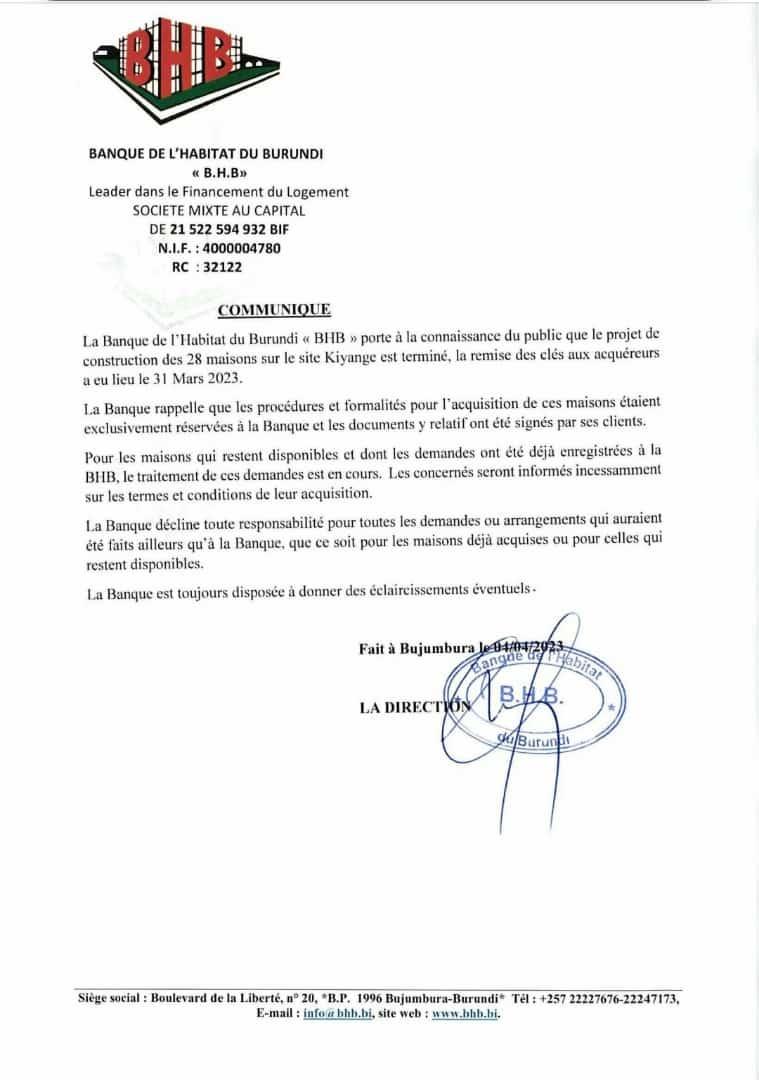 MagazineJimbere's tweet photo. ⚠️ Ne soyez pas dupes ! La @bhb_burundi et @FabsVision, porteurs du projet immobilier "#CSBU Village" à #Kiyange en @MairieBuja, indiquent que les procédures et formalités pour l'acquisition des 28 maisons modernes de ce site étaient exclusivement réservées à la #BHB et les documents y relatifs ont été signés par ses clients
✍🏾 "Pour les maisons qui restent disponibles et dont les demandes ont été déjà enregistrées, le traitement de ces demandes est en cours"
❌ Toutes les demandes ou arrangements qui auraient été faits ailleurs qu'à la BHB relèvent d'une escroquerie
#Burundi