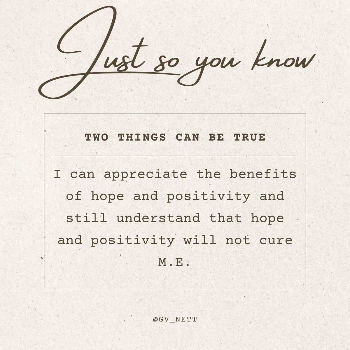 gv_gnett's tweet photo. My thoughts do not cause, create or cure M.E.
#MEAwarenessHour #pwmw #MyalgicEncephalomyelitis https://t.co/qtf7GQYPe4