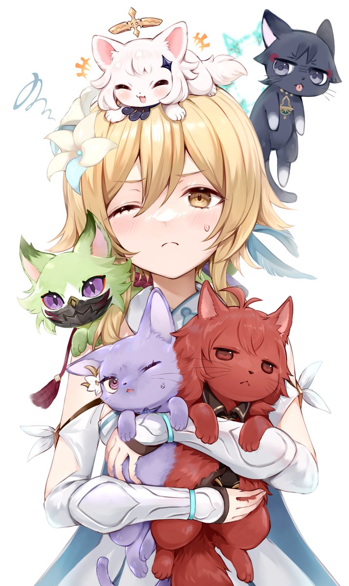 lumine (genshin impact) cat animalization one eye closed hair ornament blonde hair flower hair flower  illustration images