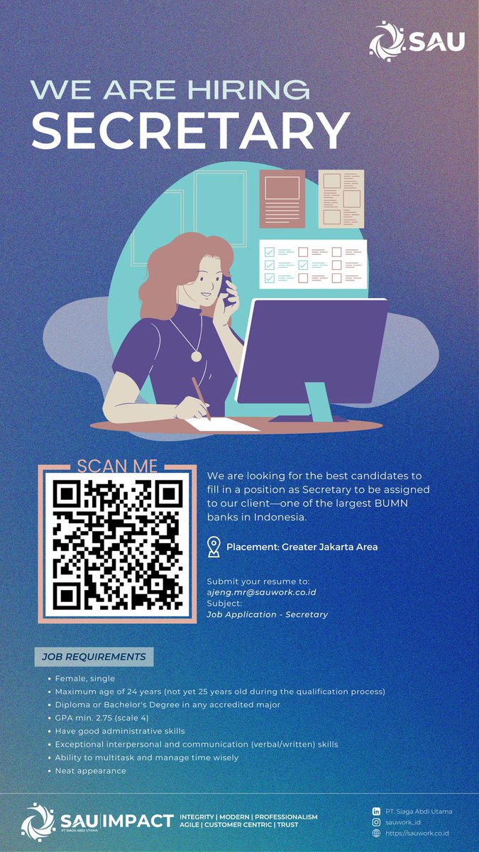 nadhivajpn's tweet photo. #InfoLoker #Loker #lokerjakarta #lowongankerja #lowongan #kerja #sekretaris #secretary #info #lowongankerjajakarta #jakarta https://t.co/te9vPVSccL