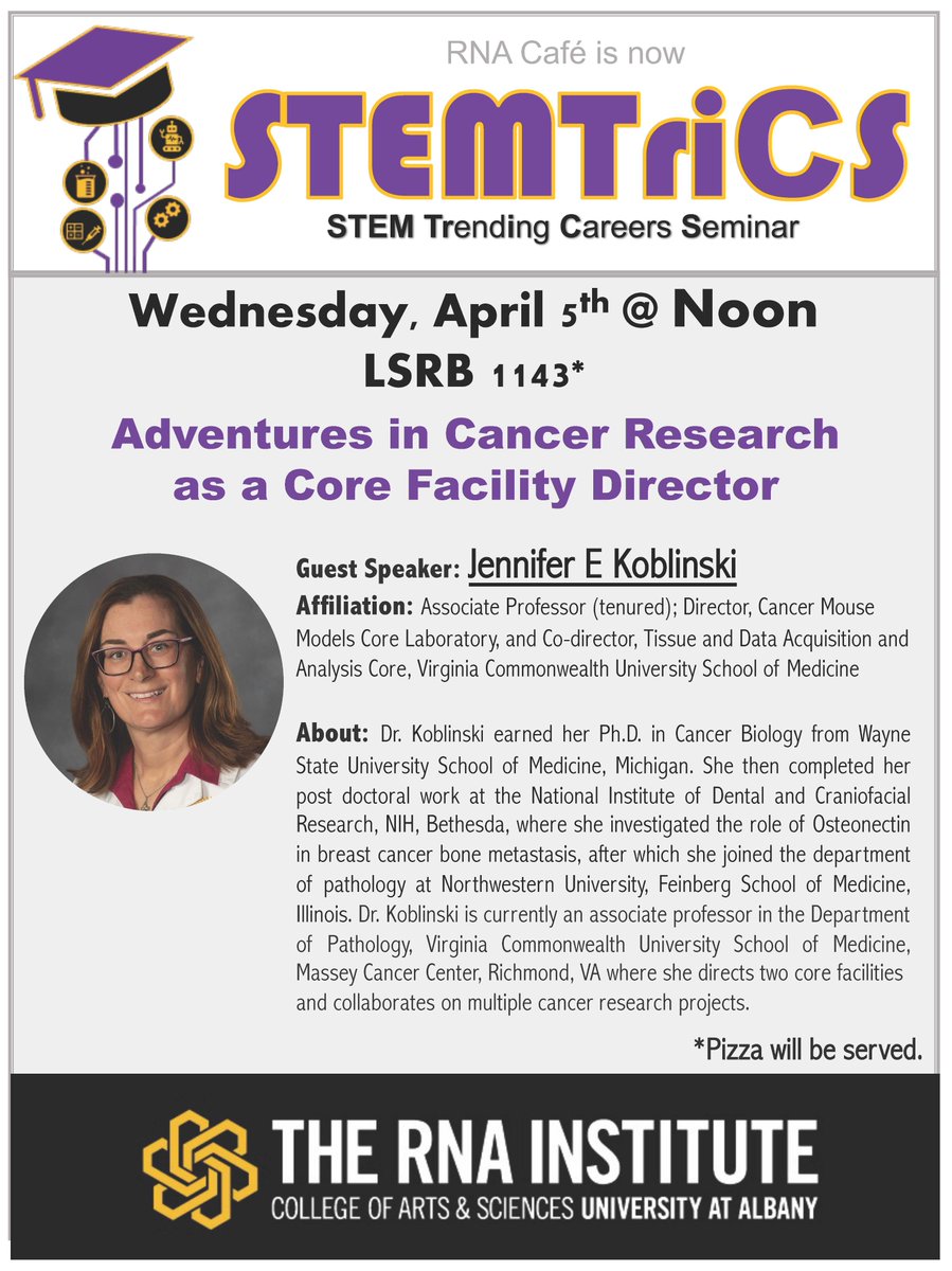 LarsenMelinda's tweet image. Super excited to be hosting my friend, Dr. Jennifer Koblinski, of VCU for a STEMTriCS seminar at The RNA institute today!