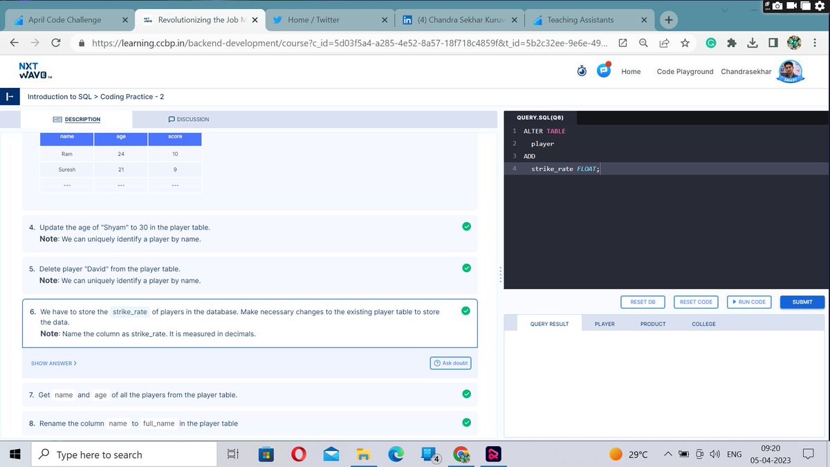 chandukuruvaa's tweet image. Hello Folks
As a Part of #aprilcodechallenge, I have completed my SQL > Coding Practice - 1 & 2 👨🏻💻
Thanks to @rahulattuluri Sir, @sashankreddy07 Sir, @girishakash13 Sir, @avinashdara Sir and @nxtwave_tech
#1hourofcode #codingpractices #consistencyiskey #mysql #ccbpacademy