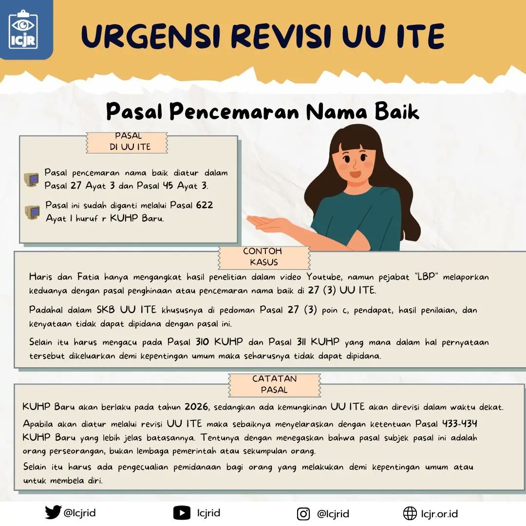 ICJRid's tweet photo. Beberapa catatan pasal yang harus diperbaiki dalam revisi UU ITE, salah satunya apabila pasal pencemaran nama baik diatur dalam revisi UU ITE, maka seharusnya menyelaraskan dengan ketentuan pasal 433-434 KUHP Baru.

Simak infografis ini untuk mengetahui pasal ini lebih lanjut! https://t.co/UKfUBcTie4