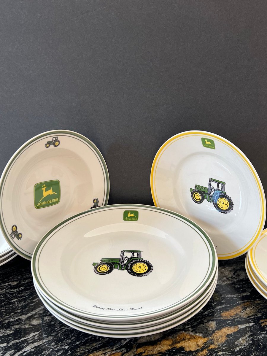 Set Of 4 John Deer Place Setting Gibson Design Tractor  11” Plates 9” Plate 9” Bowls  #countrybarn #vintageplates #vintagetableware #johndeereplates etsy.me/3KdUbej