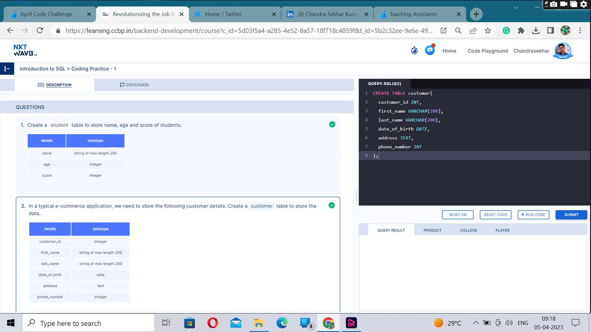 chandukuruvaa's tweet image. Hello Folks
As a Part of #aprilcodechallenge, I have completed my SQL > Coding Practice - 1 & 2 👨🏻💻
Thanks to @rahulattuluri Sir, @sashankreddy07 Sir, @girishakash13 Sir, @avinashdara Sir and @nxtwave_tech
#1hourofcode #codingpractices #consistencyiskey #mysql #ccbpacademy