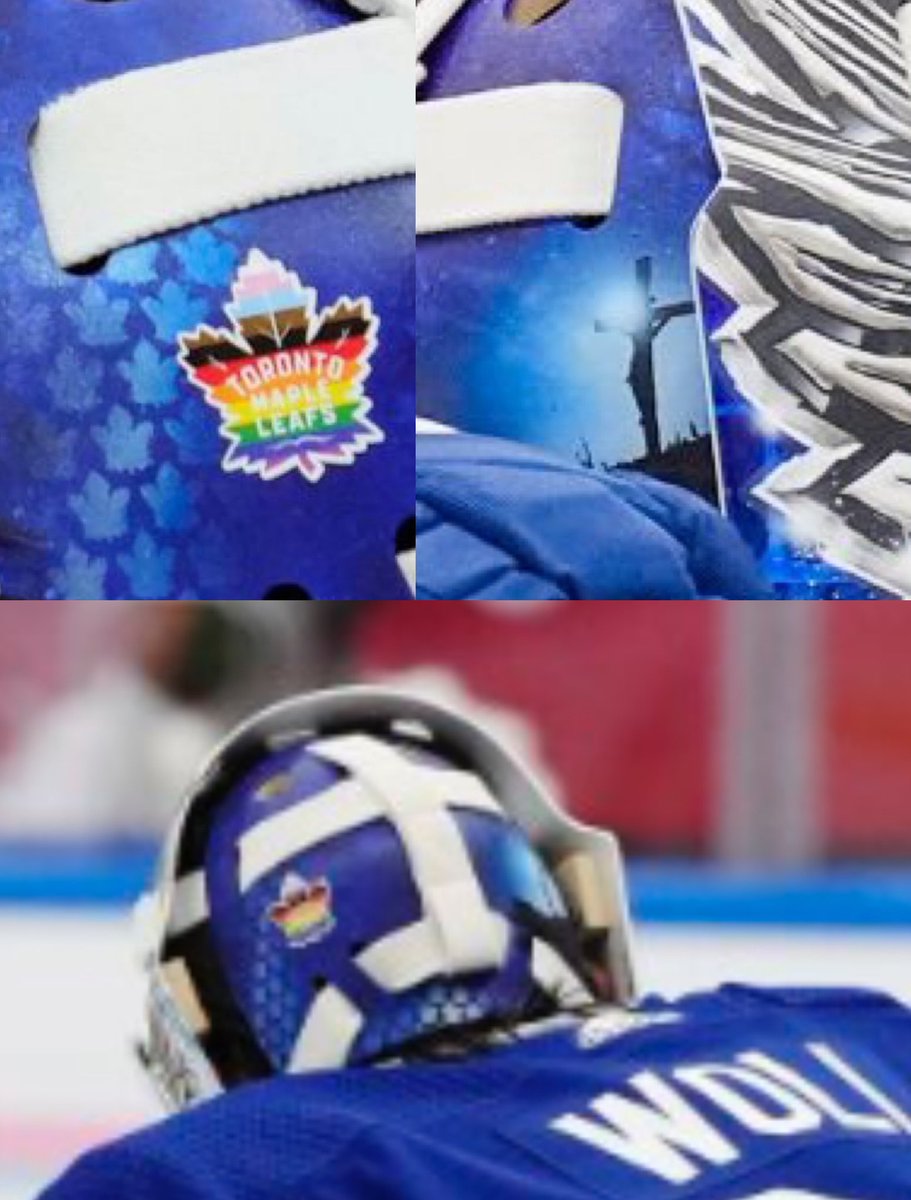 Joseph Woll, who started for the Leafs during the Pride game tonight, wore Pride Tape on his stick and the backs of his skates throughout the game.  

Woll - who describes his faith as a centring force in his life - also wore the helmet sticker, right beside Jesus on the cross.
