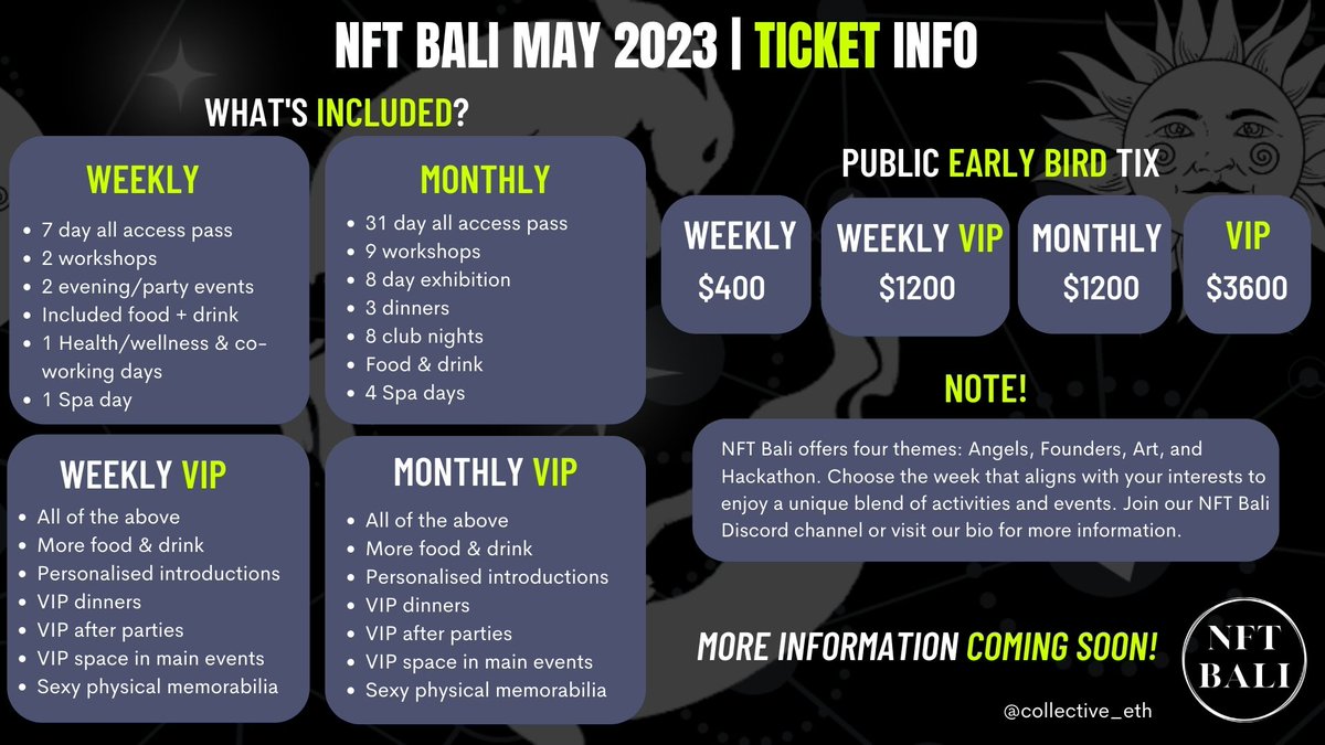 collective_eth's tweet photo. So what do you get with tickets to NFT Bali?

A whole lot ;)

This provides the baseline &amp; we're building upon it.

Speakers from Coinbase / Godjira / Web3 Native VC's / 0N1 force / NFT Asia &amp; much much more coming your way.

You best believe you're in for an experience! https://t.co/3tDaQa8wDa