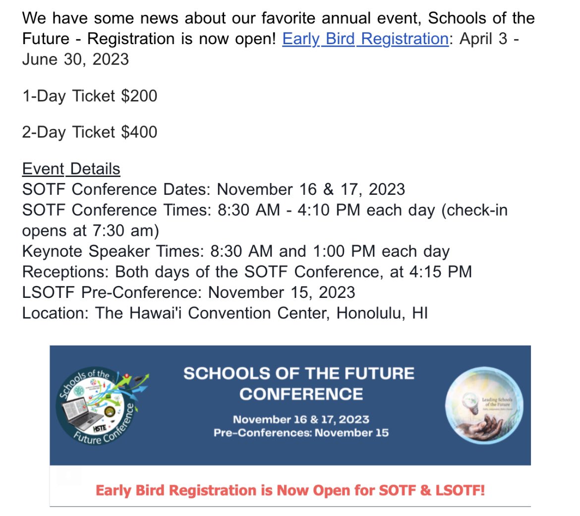 HSTEorg's tweet photo. Early Bird Registrations have opened for our fav conference #SchoolsoftheFuture! #SOTF23 👩💻🧑💻 (4/7) https://t.co/ZlLCdrJpdj