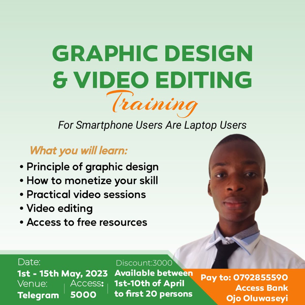 Sign Up Today For Video Editing & Graphics Training By Precious Graphics Institute 

What You Stand To Gain 

- Principle of Graphic Design 
- How To Monetize your Skills 
- Practical Video Session 
- Video Editing 
- Free Access To Resources 

#gainwithpaula #gainwithspikes