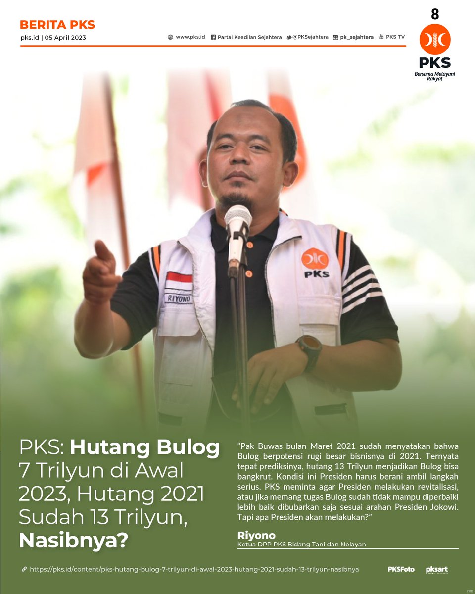 PKS: Hutang Bulog 7 Trilyun di Awal 2023, Hutang 2021 Sudah 13 Trilyun, Nasibnya?

"Kondisi ini sudah sejak 2021. Presiden baru bicara soal masalahnya, namun belum ada solusinya," ~<a href="/Riyono_Nelayan/">Riyono</a> 

pks.id/content/pks-hu…