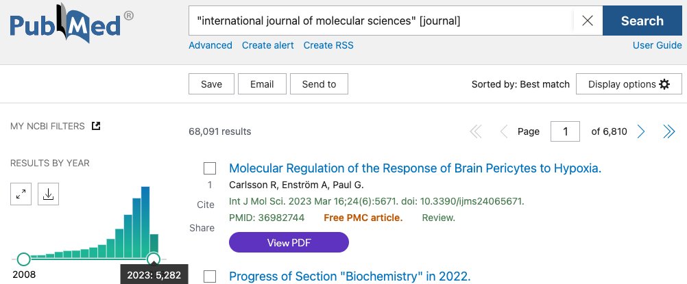 Doing a PubMed search for a glioblastoma review and was swamped by @IJMS_MDPI papers. A quick search revealed this is not a GBM special issue problem: 56 papers/day on average in 2023, up from 45/day in 2022, 38/day in 2021, 27/day in 2020... This madness has to be stopped.