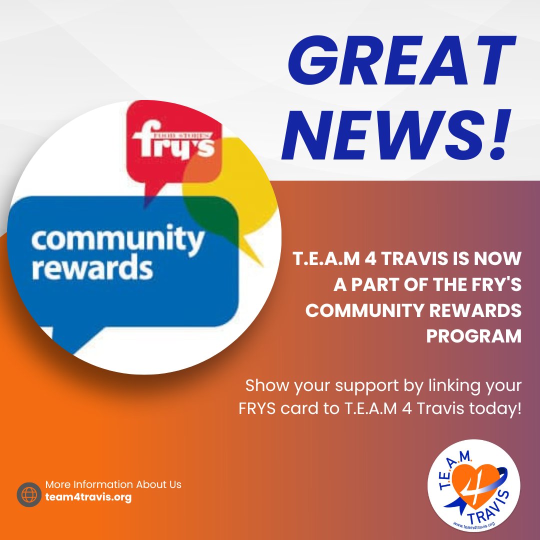 team4travis's tweet photo. We just received exciting news from FRYS Grocery that T.E.A.M 4 Travis has been accepted in to their community rewards program! Now with the scan of your Frys card, they will donate with each purchase. #team4travis #AspleniaAwareness #spleenmatters #charity #frysfoodstores https://t.co/VgitQs7zyP