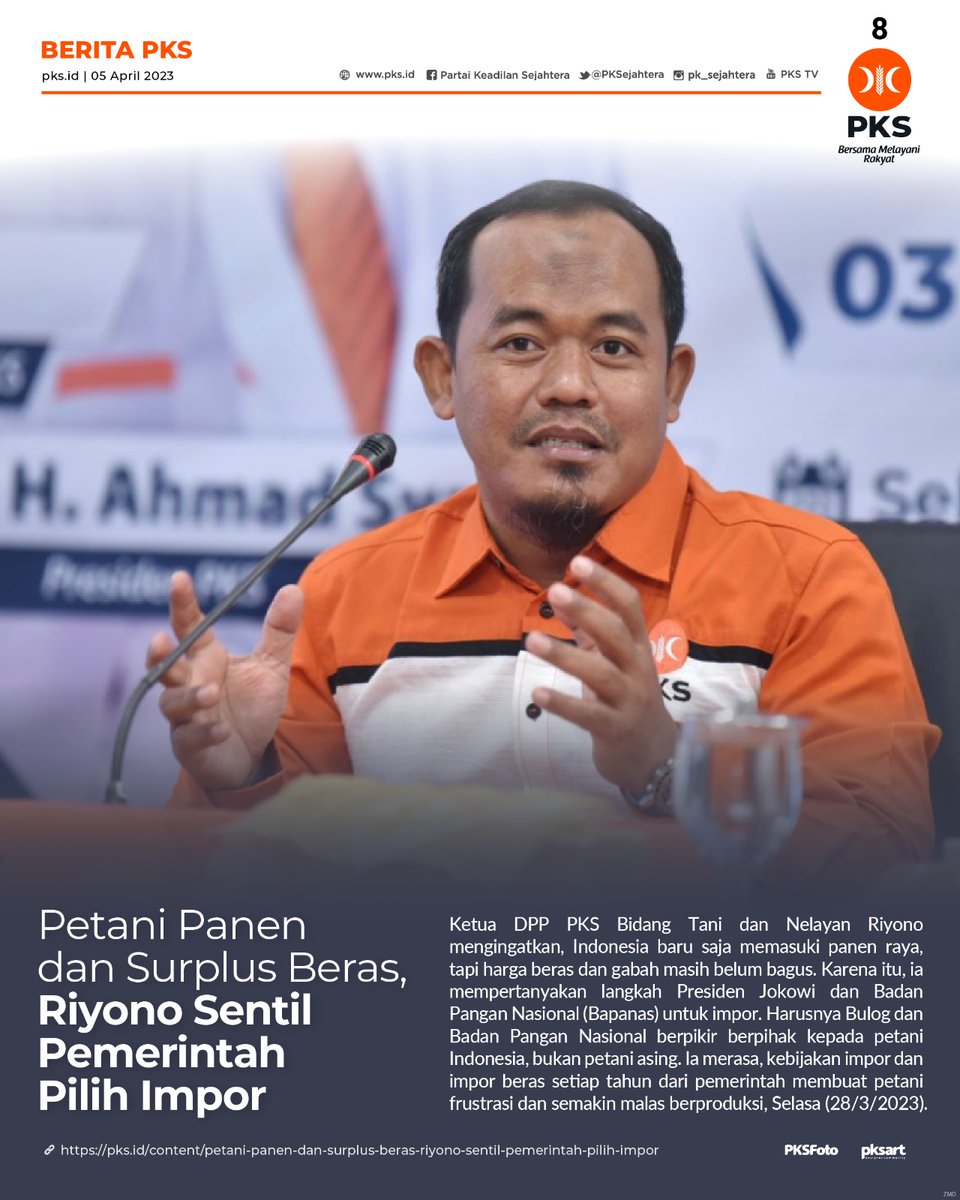 Petani Panen dan Surplus Beras, Riyono Sentil Pemerintah Pilih Impor

"Harusnya Bulog dan Badan Pangan Nasional berpikir berpihak kepada petani Indonesia, bukan petani asing," ~<a href="/Riyono_Nelayan/">Riyono</a> 

pks.id/content/petani…