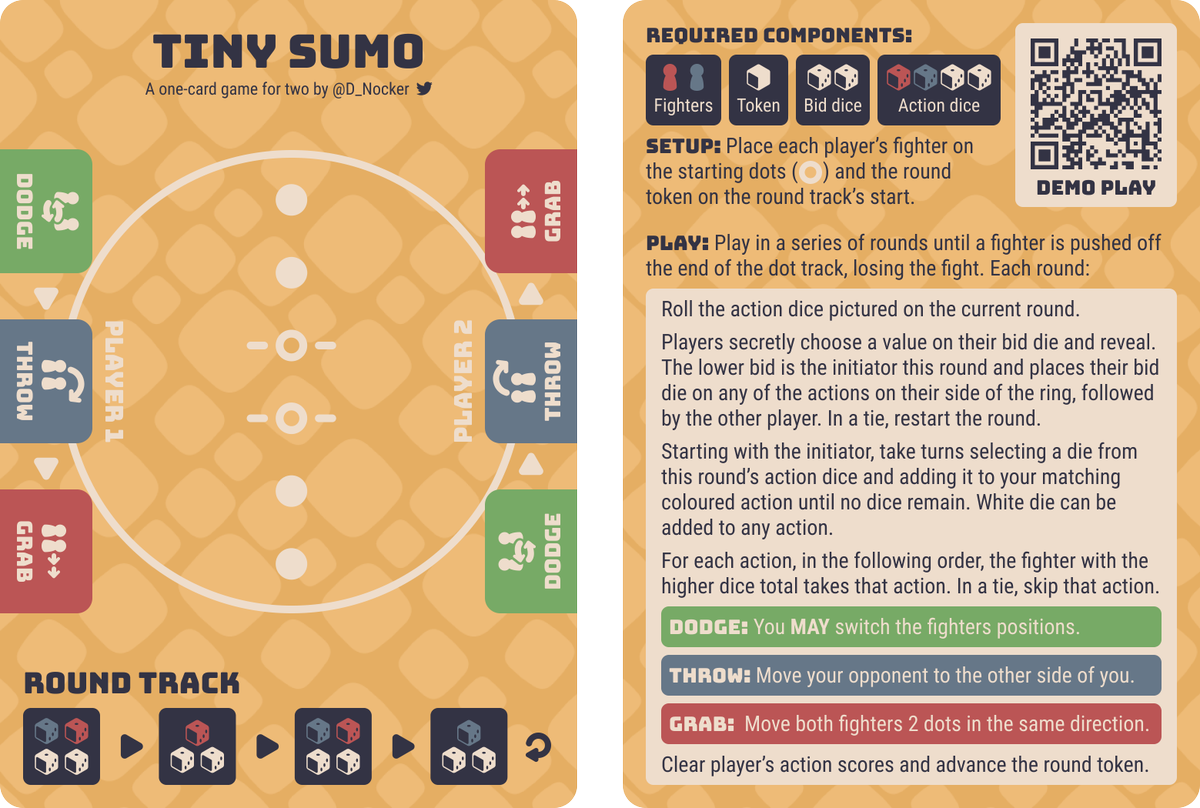 D_Nocker's tweet photo. A board game on a single card, rules included!

I've finally gotten this game to a point i'm happy with, after many, many iterations on the gameplay, the rules, and the layout.

#boardgame #gamedesign #tabletopgames https://t.co/vPPMikMkuv