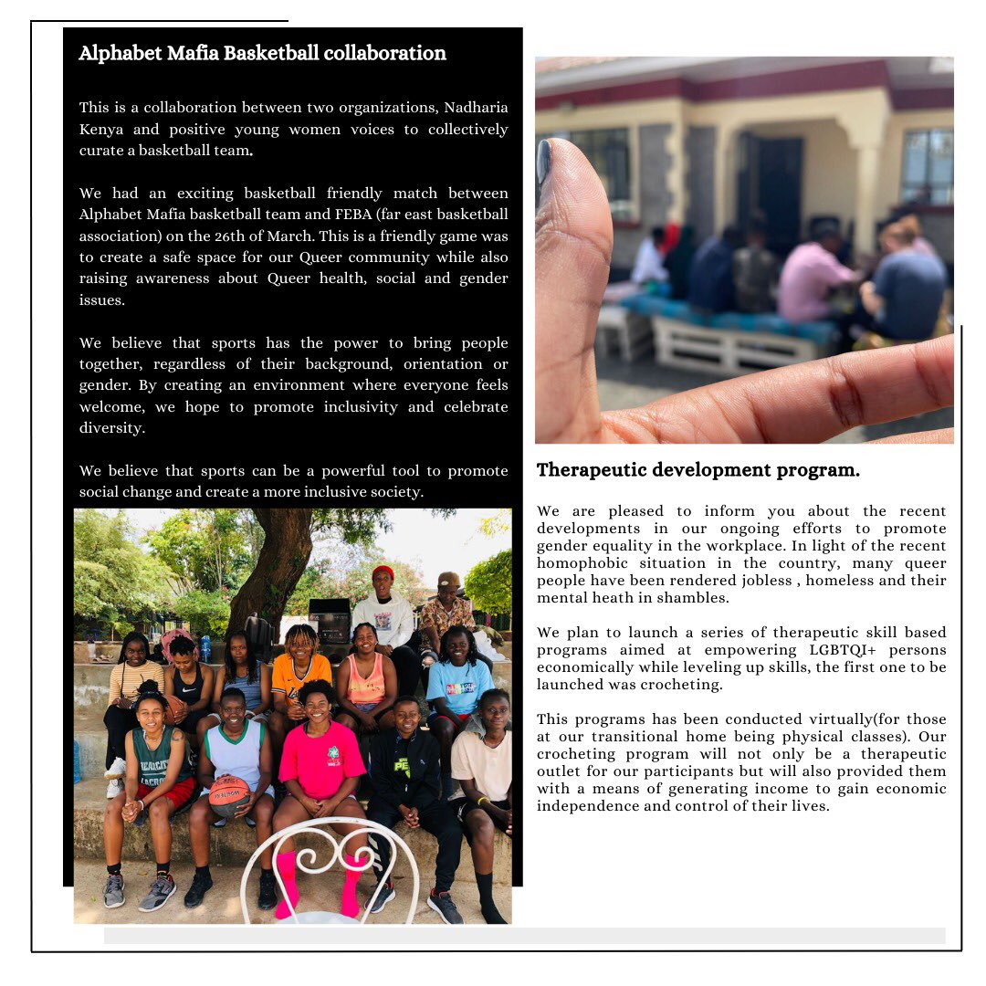 Our March Newsletter is out!
Check out some of activities we doing to create a better future for our Young Queer community.
#tujengecommunity 
#nadhariakenya 
#sportsactivism 
#artactivism