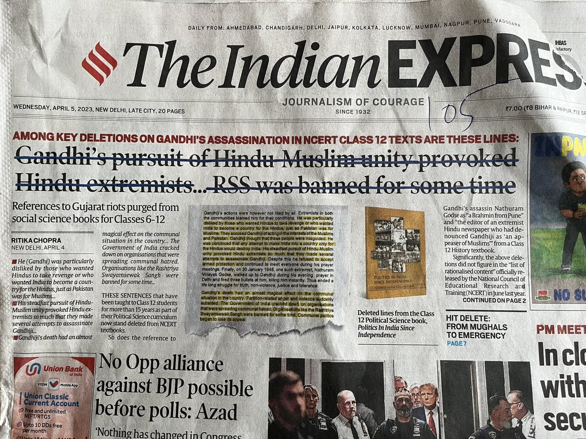 Karan_Singhs's tweet photo. Today’s headline in The @IndianExpress showing, literally, how textbooks in India have had sections on Gandhi, RSS and the Mughal reign purged, in an attempt to rewrite history. 

By @RitikaChopra__ https://t.co/dTJ9r9mlPi https://t.co/znSll3kBnf