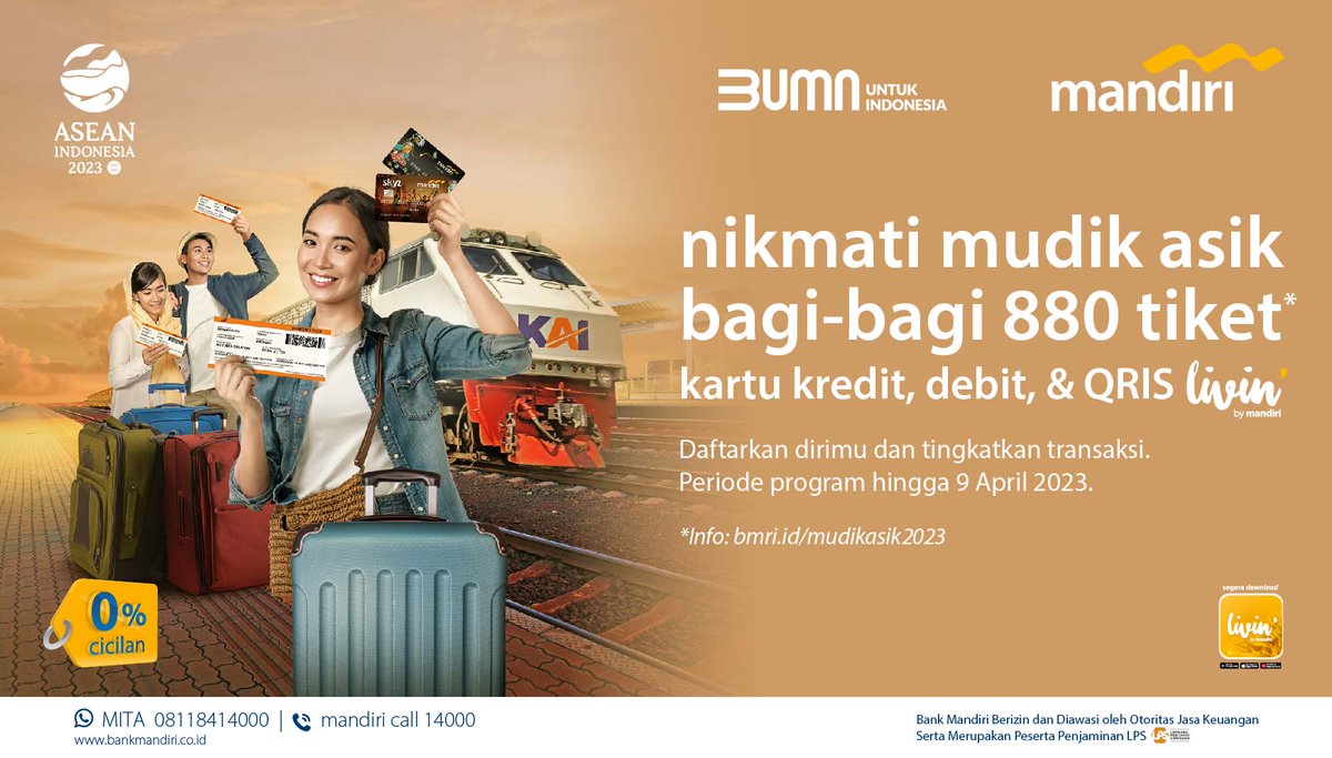 mandiricard's tweet photo. Transaksi sebanyak-banyaknya pakai #MandiriKartuKredit, #MandiriDebit, dan #QRLivin buat dapetin hadiah tiket mudik ke Surabaya &amp; Solo bareng KAI!

Daftar sekarang buat nikmatin mudik asik ke kampung halaman!

Berlaku s/d 9 April 2023. Info: https://t.co/fMAj1r8SVI

#mandiripromo https://t.co/4npBzYDq0t